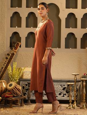 Brown embroidered silk kurta trouser set 3