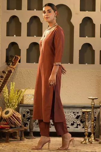 Brown embroidered silk kurta trouser set