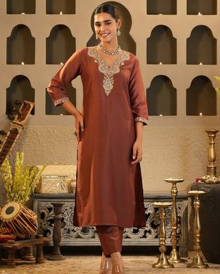 Brown embroidered silk kurta trouser set 4