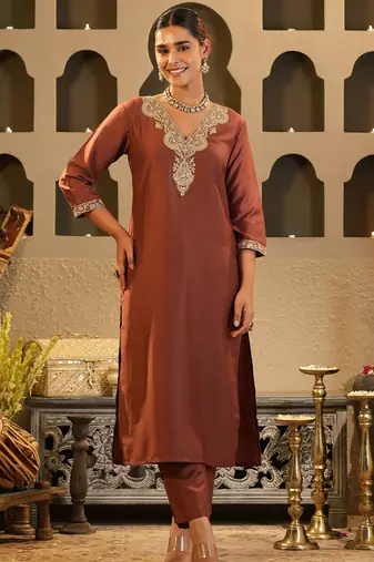 Brown embroidered silk kurta trouser set