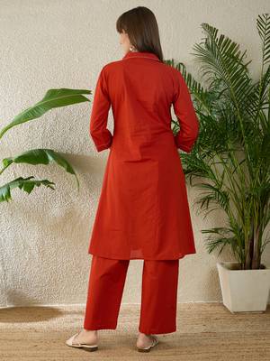 Orange embroidered pure cotton kurta trouser set 2