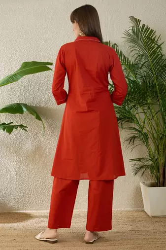 Orange embroidered pure cotton kurta trouser set