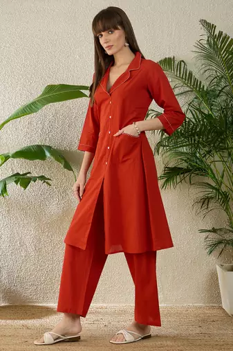 Orange embroidered pure cotton kurta trouser set