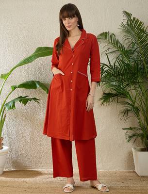 Orange embroidered pure cotton kurta trouser set 4