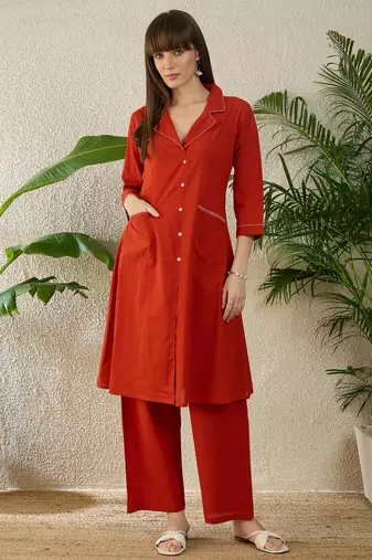 Orange embroidered pure cotton kurta trouser set