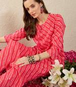 Pink printed viscose rayon kurta trouser set