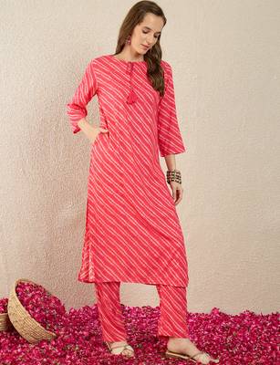 Pink printed viscose rayon kurta trouser set 3