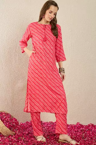 Pink printed viscose rayon kurta trouser set