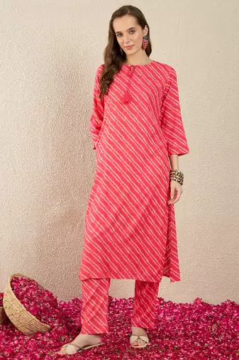 Pink printed viscose rayon kurta trouser set