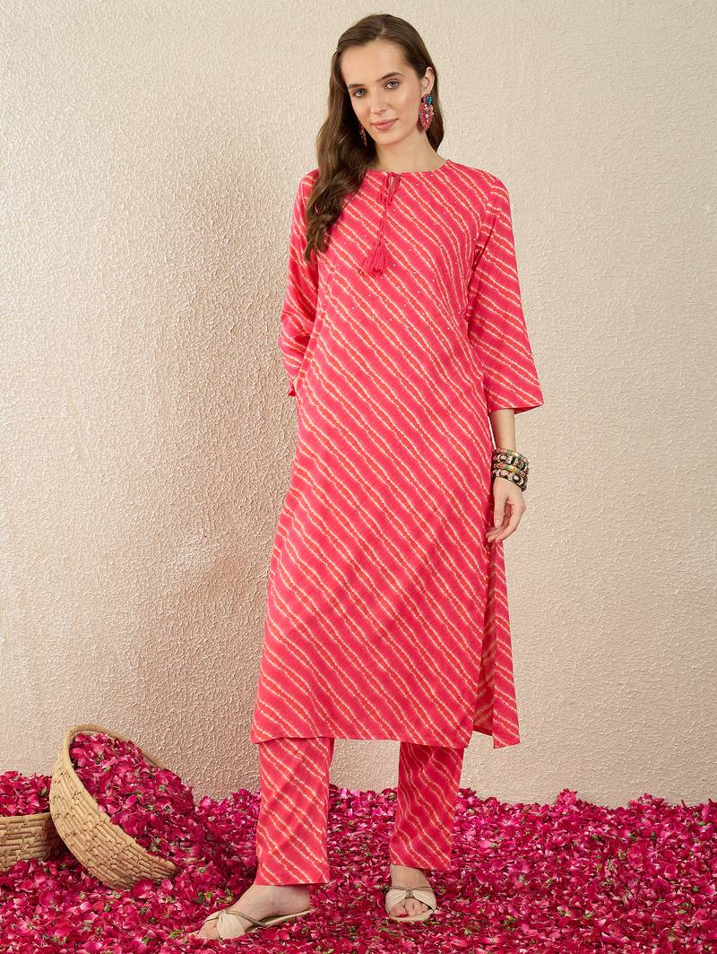 Pink printed viscose rayon kurta trouser set