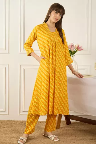 Mustard printed viscose rayon kurta trouser set