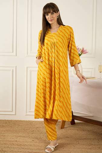 Mustard printed viscose rayon kurta trouser set