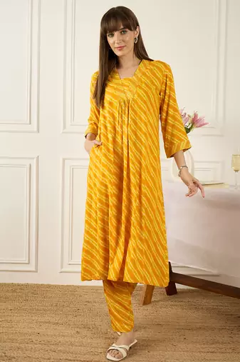 Mustard printed viscose rayon kurta trouser set