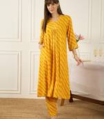 Mustard printed viscose rayon kurta trouser set