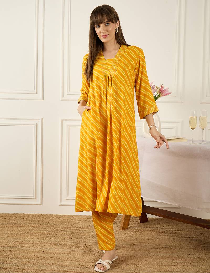 Mustard printed viscose rayon kurta trouser set