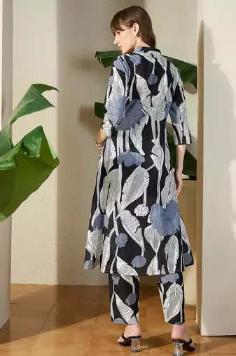Black printed pure cotton kurta trouser set