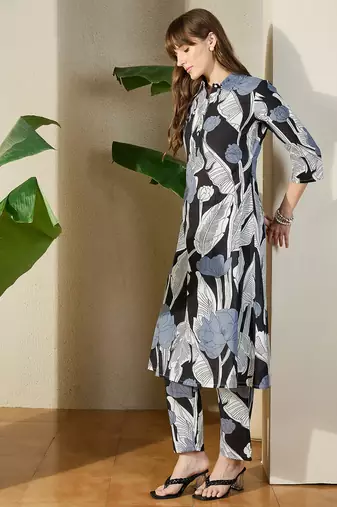 Black printed pure cotton kurta trouser set