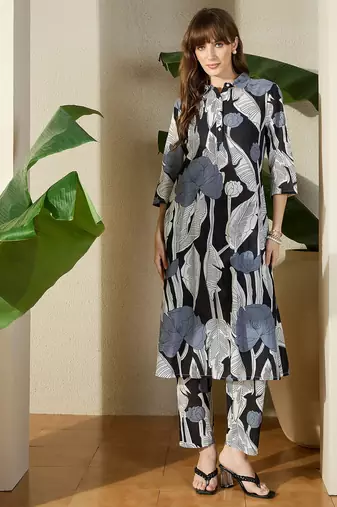 Black printed pure cotton kurta trouser set