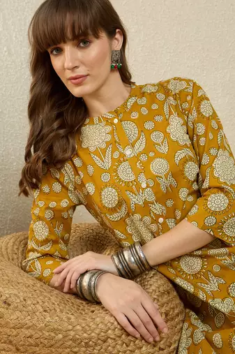 Mustard printed pure cotton kurta trouser set