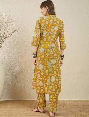 Mustard printed pure cotton kurta trouser set 2