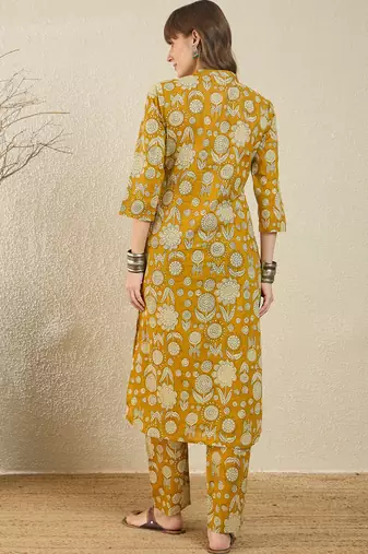Mustard printed pure cotton kurta trouser set