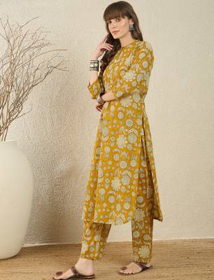 Mustard printed pure cotton kurta trouser set 3