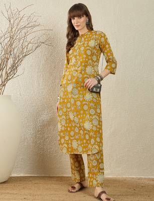 Mustard printed pure cotton kurta trouser set 4