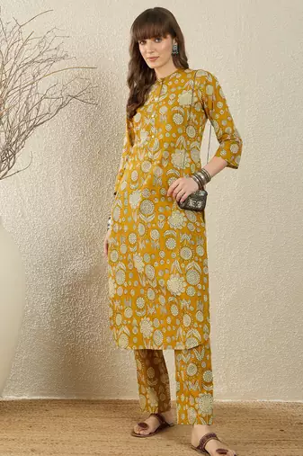 Mustard printed pure cotton kurta trouser set