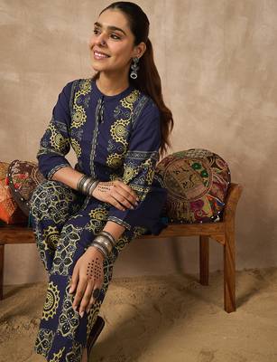 Blue printed pure cotton kurta trouser set 1