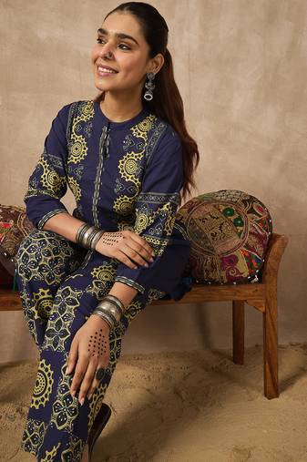 Blue printed pure cotton kurta trouser set
