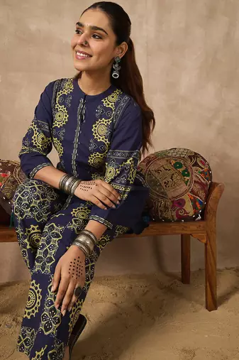 Blue printed pure cotton kurta trouser set