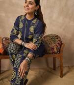 Blue printed pure cotton kurta trouser set