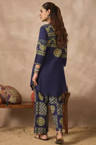 Blue printed pure cotton kurta trouser set