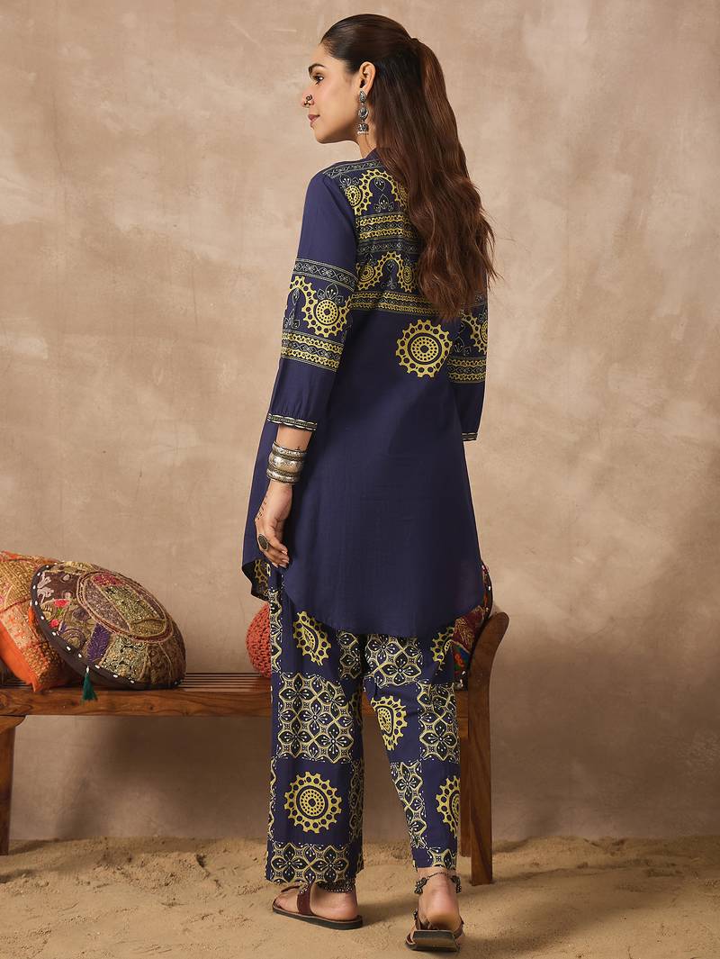 Blue printed pure cotton kurta trouser set