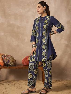 Blue printed pure cotton kurta trouser set 3