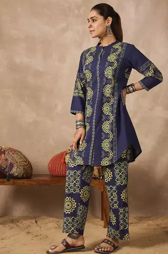 Blue printed pure cotton kurta trouser set