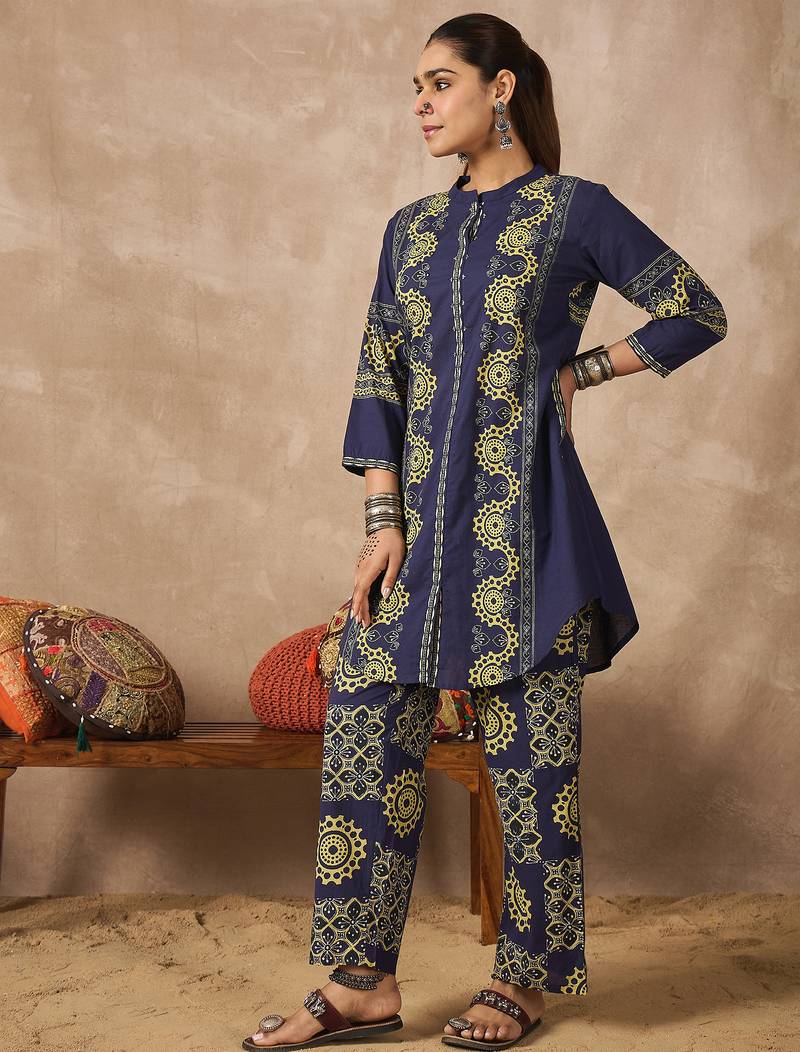 Blue printed pure cotton kurta trouser set