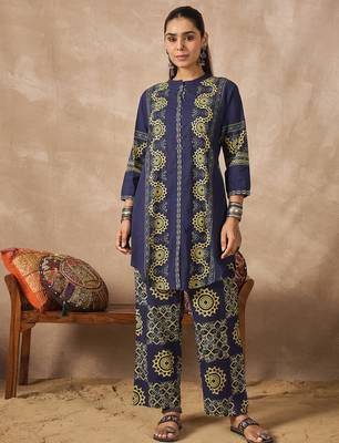 Blue printed pure cotton kurta trouser set 4