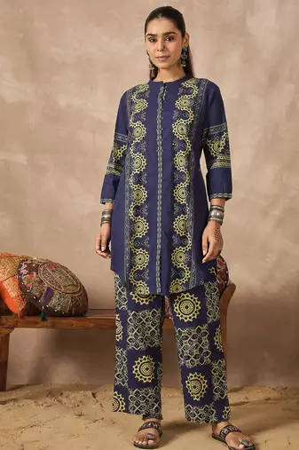 Blue printed pure cotton kurta trouser set
