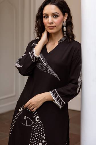 Black printed viscose rayon kurta trouser set