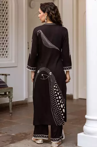 Black printed viscose rayon kurta trouser set