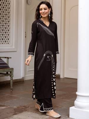 Black printed viscose rayon kurta trouser set 3