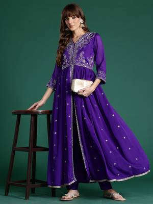 Purple embroidered silk kurta trouser set 1