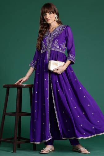 Purple embroidered silk kurta trouser set