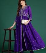 Purple embroidered silk kurta trouser set