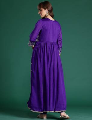 Purple embroidered silk kurta trouser set 2