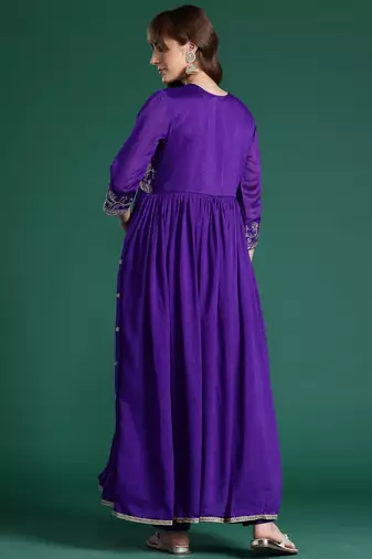 Purple embroidered silk kurta trouser set