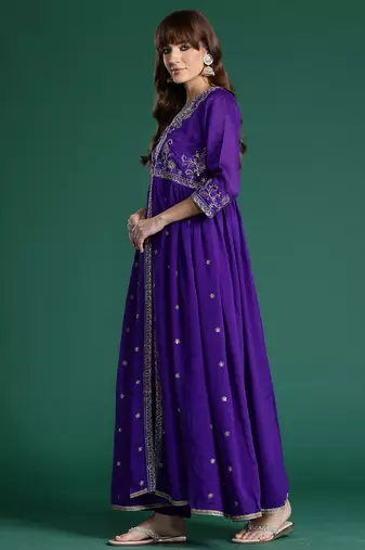 Purple embroidered silk kurta trouser set