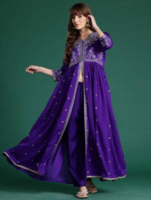 Purple embroidered silk kurta trouser set 4