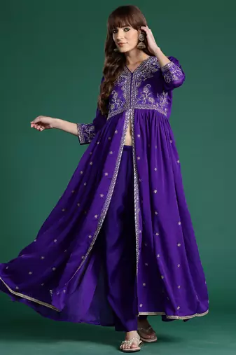 Purple embroidered silk kurta trouser set